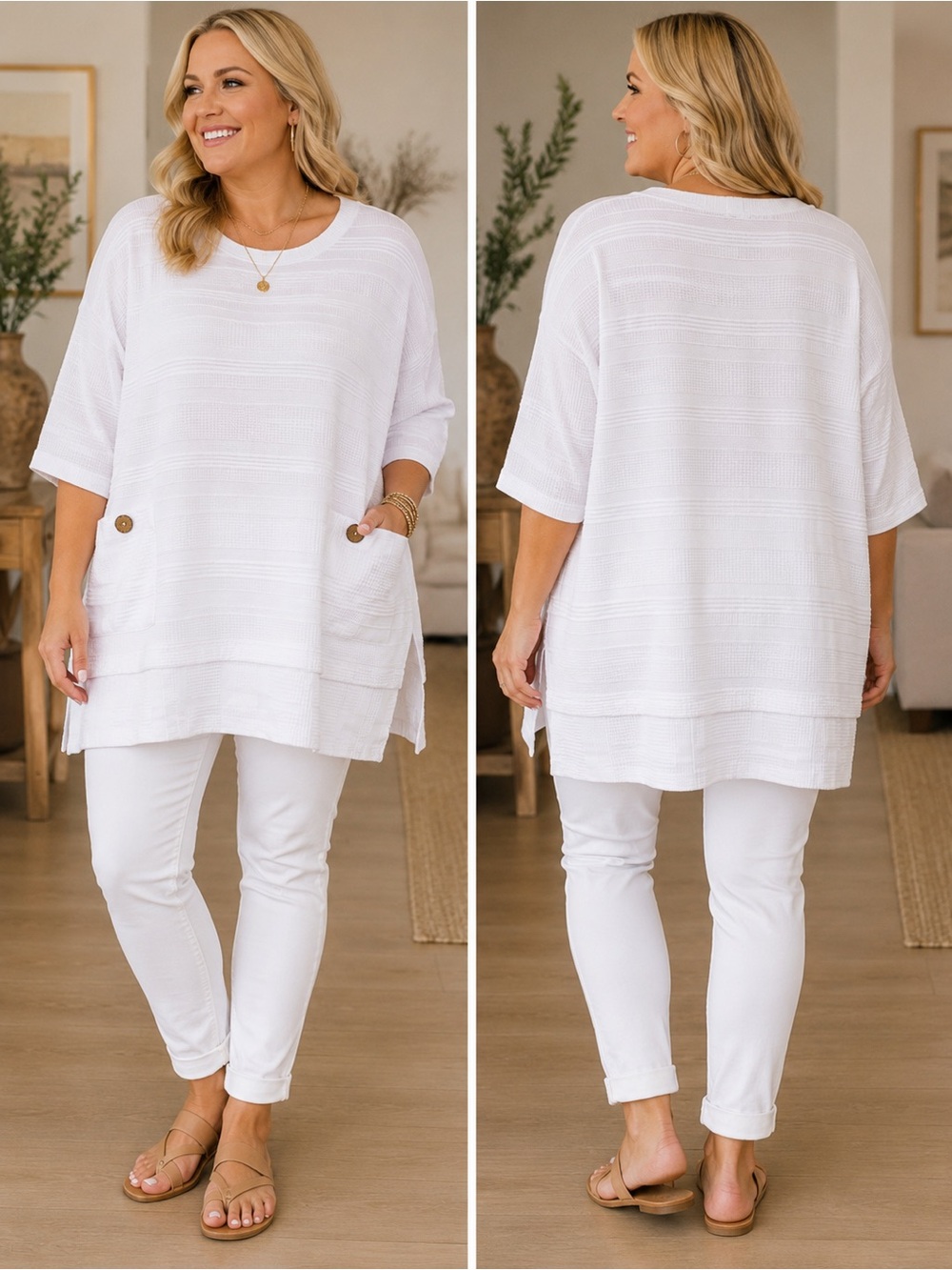 Soft Surroundings Kelly Tunic Top Textured White Relaxed Coastal Lagenlook 2XL